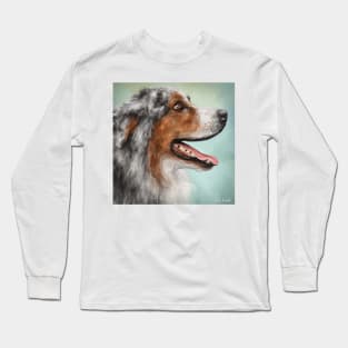 Painting of a Gorgeous Enthusiastic Australian Shepherd with Open Mouth from the Side. Long Sleeve T-Shirt